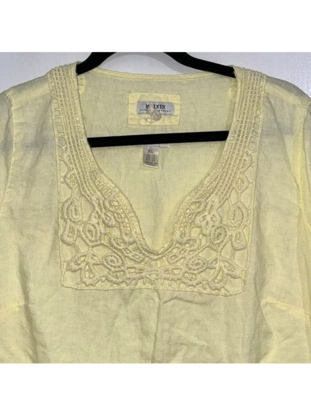 Yellow Linen Tunic Dress With Crochet Neck Detail By Malvin Size XL - Picture 2 of 8